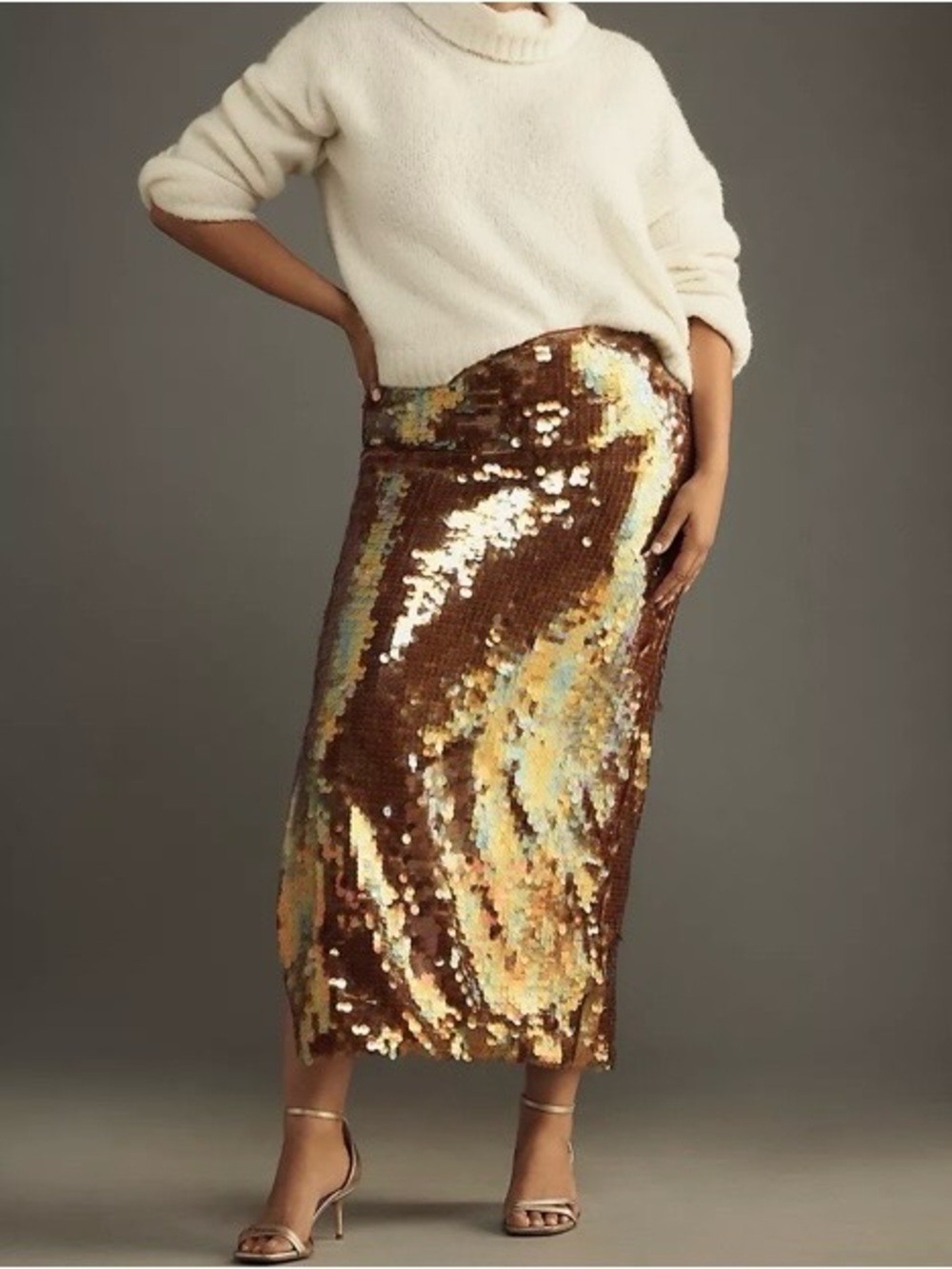 Anthropologie Iridescent Sequin Maxi Skirt in Gold Size 10